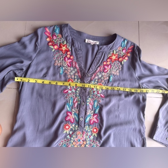 Solitaire Dove Tea Time Garden Tunic top dress gray embroidery colorful size L - Picture 9 of 16